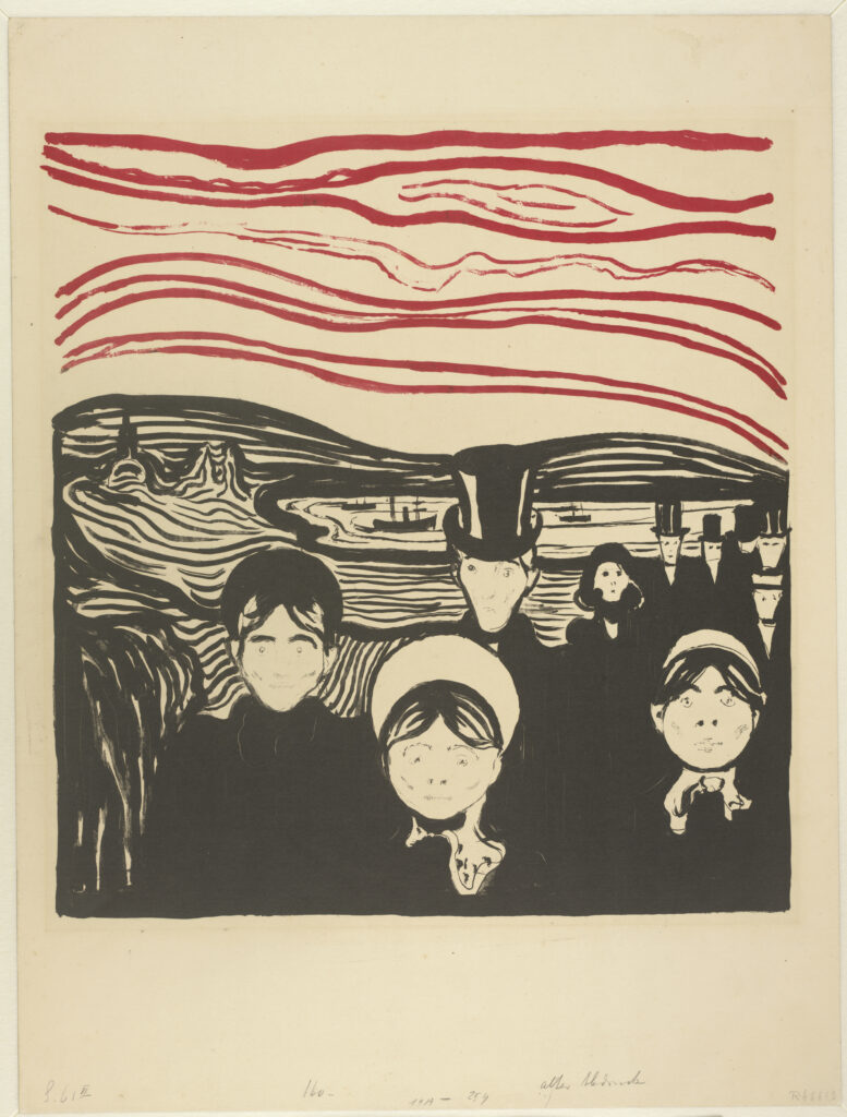 EDVARD MUNCH, Medo, 1896, Cromolitografia a tinta e giz litográficos e agulha em preto e vermelho, The ALBERTINA Museum, Vienna Divulgação / domínio público