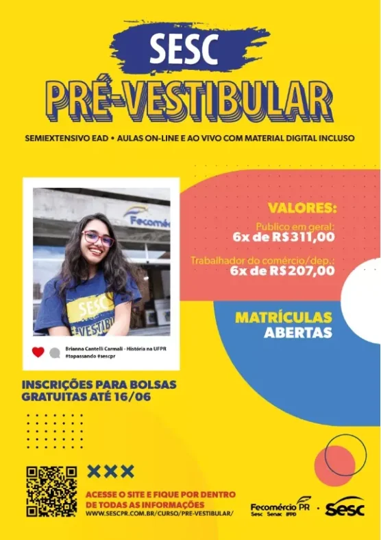 Inscrições para bolsas de estudo integral podem ser feitas até o dia 16 de junho nas unidades do Sesc PR conforme edital. As aulas iniciam-se em 18 de julhoDivulgação Sesc PR