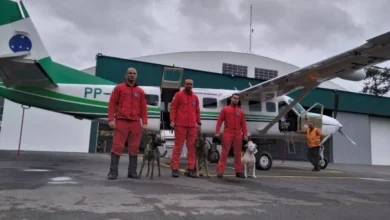 Bombeiros e cães do Paraná embarcaram neste sábado para ajudar o Rio Grande do Sul Foto: CBMPR