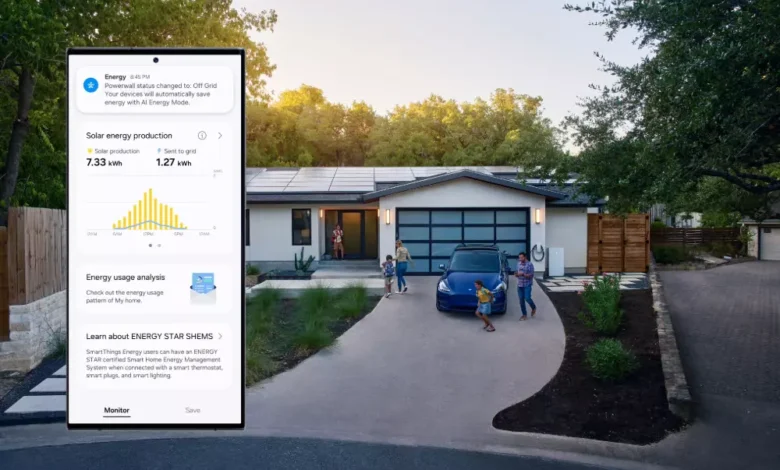 Imagem de telefone celular com aplicativo SmartThings informando o status do Tesla Powerwall e ativação do modo AI Energy