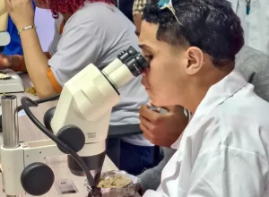 Alunos do Projeto Ilha dos Cientistas no laboratório, 2023. Créditos: Divulgação